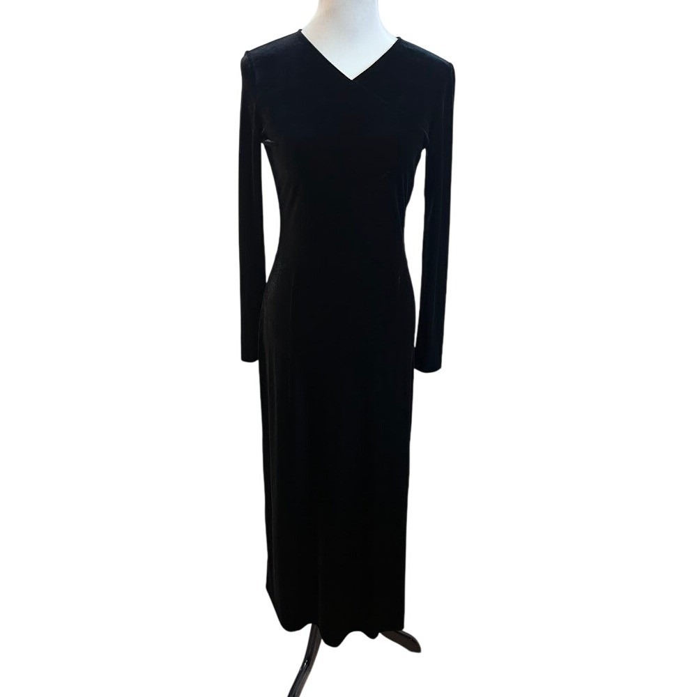 Giorgio Armani Collezioni Black Velvet Maxi Dress Long Sleeve V-Neck Vintage SZ6 - Picture 1 of 8